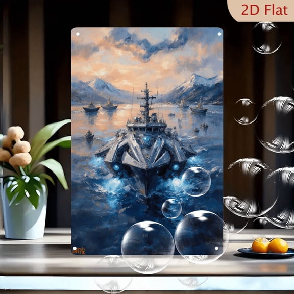 Futuristic Warship in Turbulent Waters at Dawn, Sci-Fi Naval Battle with Glowing Blue Lights and Snowy Mountains, Epic Cinematic Art on Metal Canvas Wall Decor for Home Office 8x12 Inches