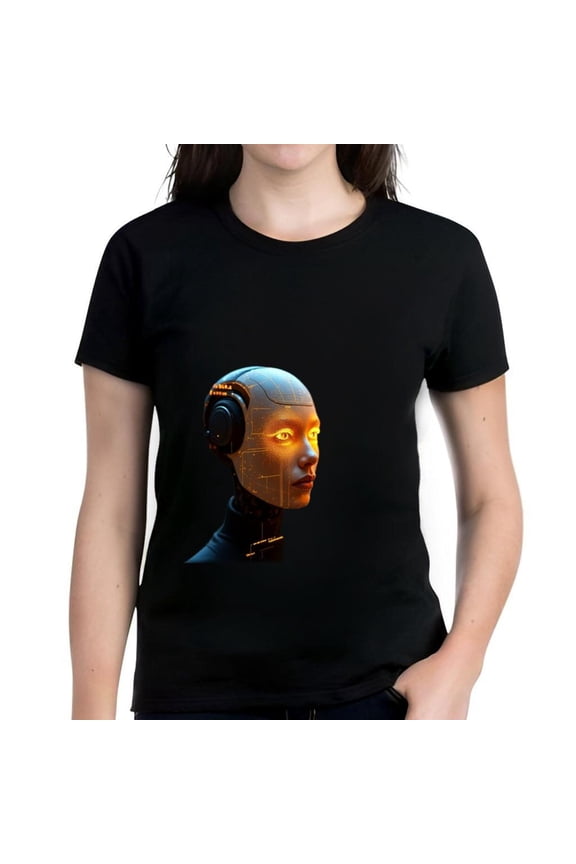 Futuristic Women's Cotton Short Sleeve T-Shirt with Glowing Robot Design and Intricate Circuitry Patterns