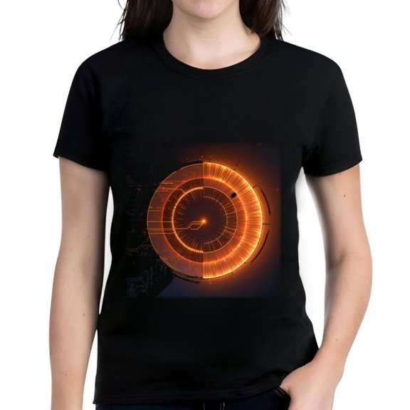 Futuristic Women's Cotton Short Sleeve T-Shirt with Orange Digital Design & Circuitry Pattern