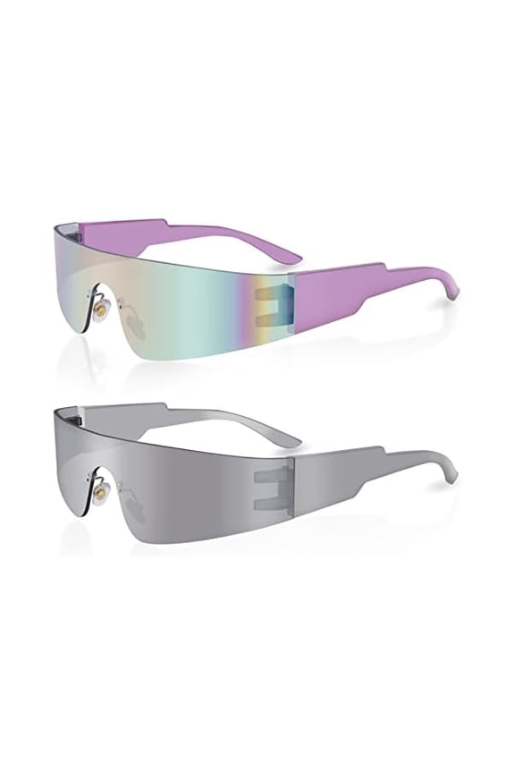 Futuristic Wrap Around Fashion Sunglasses Y2K Silver Trendy Rimless Glasses Cyberpunk Eyewear Women Men Rave Party