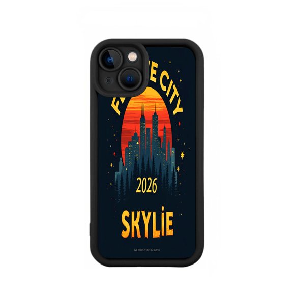 Futuristic Yellowing Resistant Lightweight iPhone 15 Case - Vibrant Sunset Skyline Design with ' FUTURE CITY ' & ' 2026 '