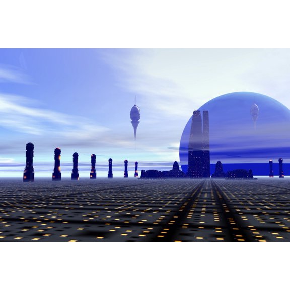 Futuristic city on a planet at the edge of the Milky Way Canvas Art - Corey FordStocktrek Images (18 x 12)