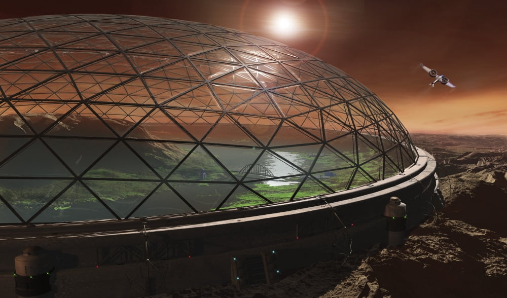 Futuristic concept of Gale Crater enclosed in a protective dome to create an ecosphere Canvas Art - Steven HobbsStocktrek Images (37 x 22)