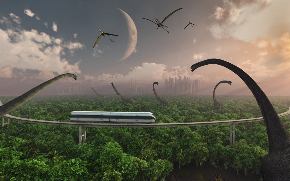 Futuristic concept of a monorail ride through a dinosaur park Canvas Art - Mark StevensonStocktrek Images (18 x 12)