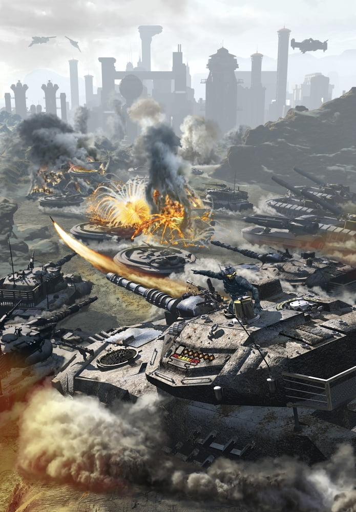 Futuristic hover tank assaulting a distant city Canvas Art - Kurt MillerStocktrek Images (24 x 34)
