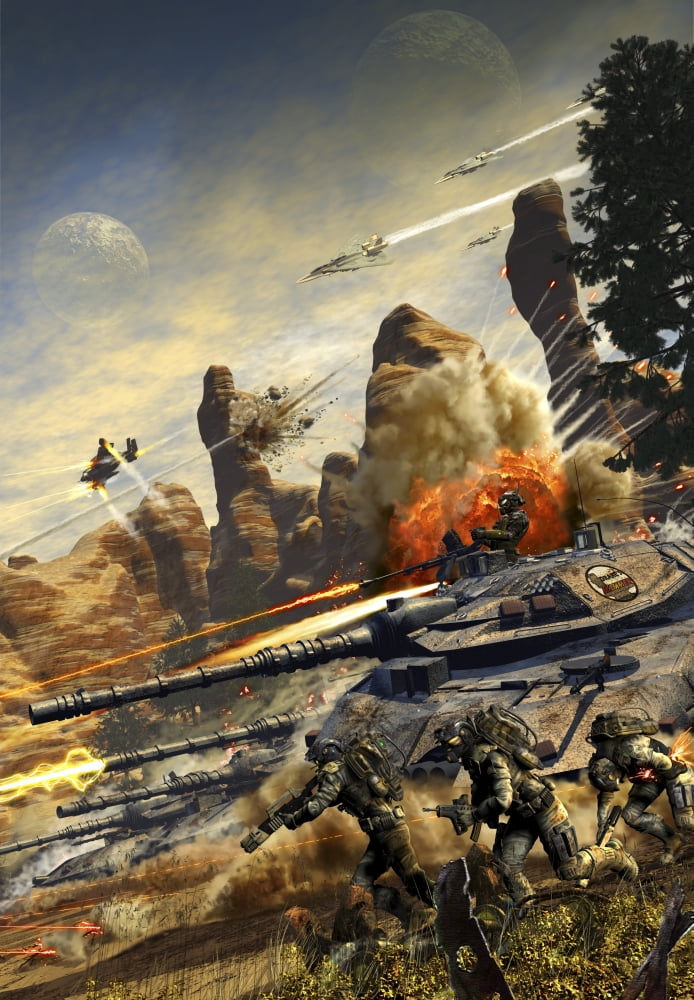 Futuristic hover tank platoon charging downhill Canvas Art - Kurt MillerStocktrek Images (12 x 17)