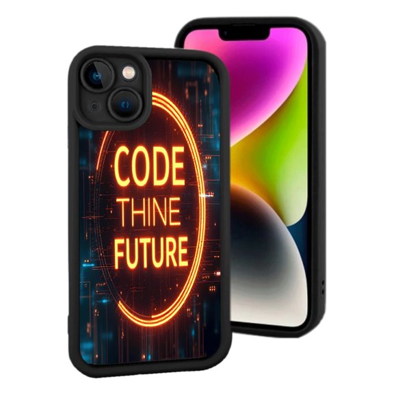 Futuristic iPhone 15 Case - Lightweight Yellowing Resistant ' CODE THINE FUTURE ' Design in Bright Orange & Blue