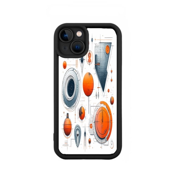 Futuristic iPhone 15 Case - Lightweight Yellowing Resistant Geometric Shapes in Blue Orange & Gray Abstract Design with Black Border & Triple Camera Lens Cutouts