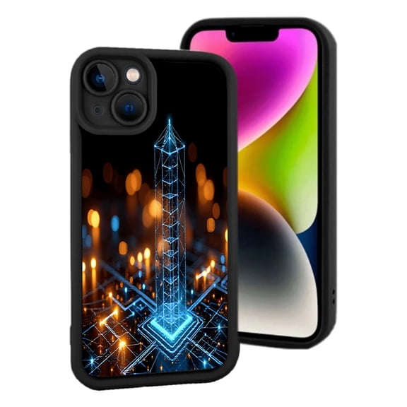 Futuristic iPhone 15 Case - Lightweight Yellowing Resistant with Glowing Blue Tower Design Patterns Perfect for Tech Lovers