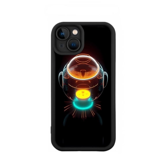 Futuristic iPhone 15 Case - Lightweight Yellowing Resistant with Glowing Sphere Design Blue Ring & Radiating Orange Lines