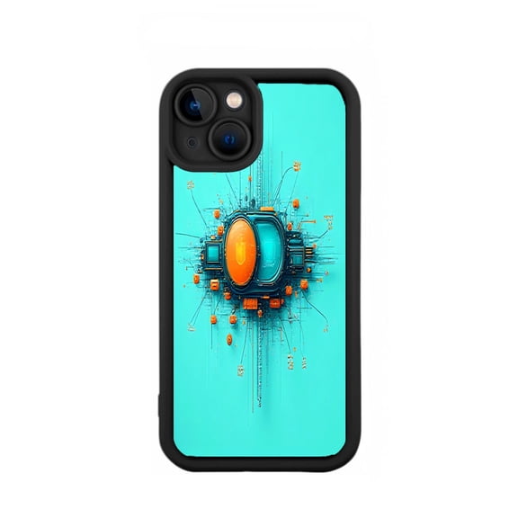 Futuristic iPhone 15 Case - Lightweight Yellowing Resistant with Intricate Circuitry Design Orange & Blue Tech Elements Modern Aesthetic