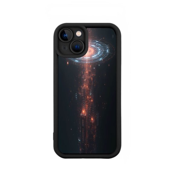 Futuristic iPhone 15 Case - Lightweight Yellowing Resistant with Sleek Dark Design Digital Pattern & Vibrant Orange - Blue Lights