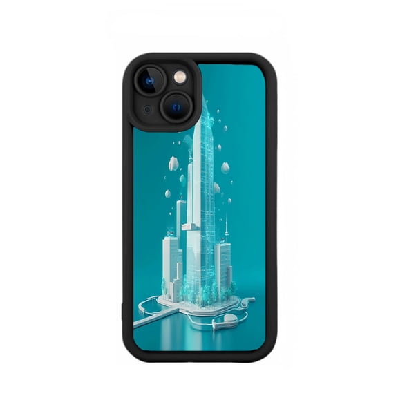 Futuristic iPhone 15 Case - Lightweight Yellowing Resistant with Transparent Building Design & Greenery - Modern Teal & Aesthetic