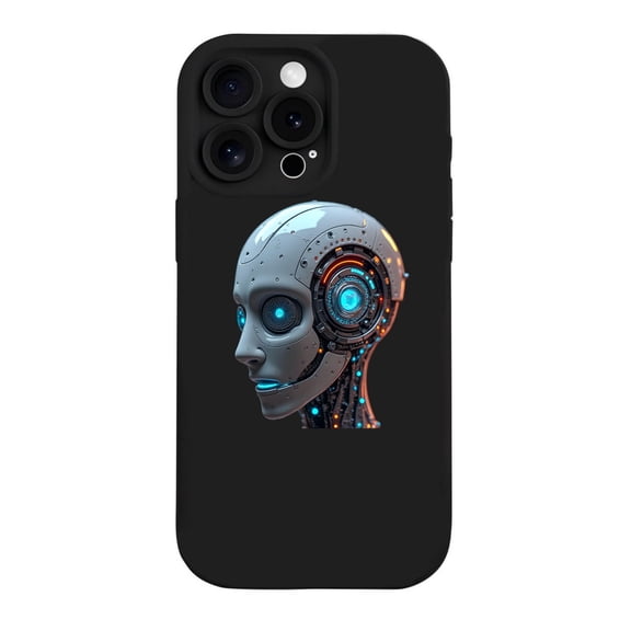 Futuristic iPhone 15 Pro Case - Lightweight Yellowing Resistant with Intricate Humanoid Robot Design & Glowing Blue Lights