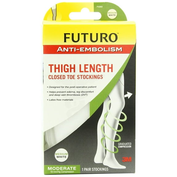 Futuro Anti-Embolism Stockings Thigh Length, Moderate Compression, Closed Toe, White, Medium Regular