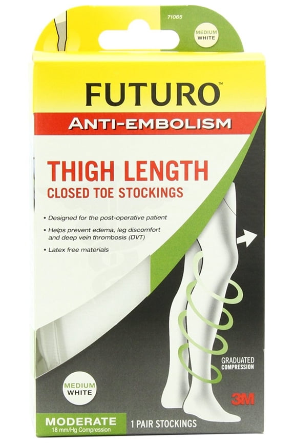 Anti-Embolism Stockings Thigh Length, Moderate Compression, Closed Toe, White, Medium Regular