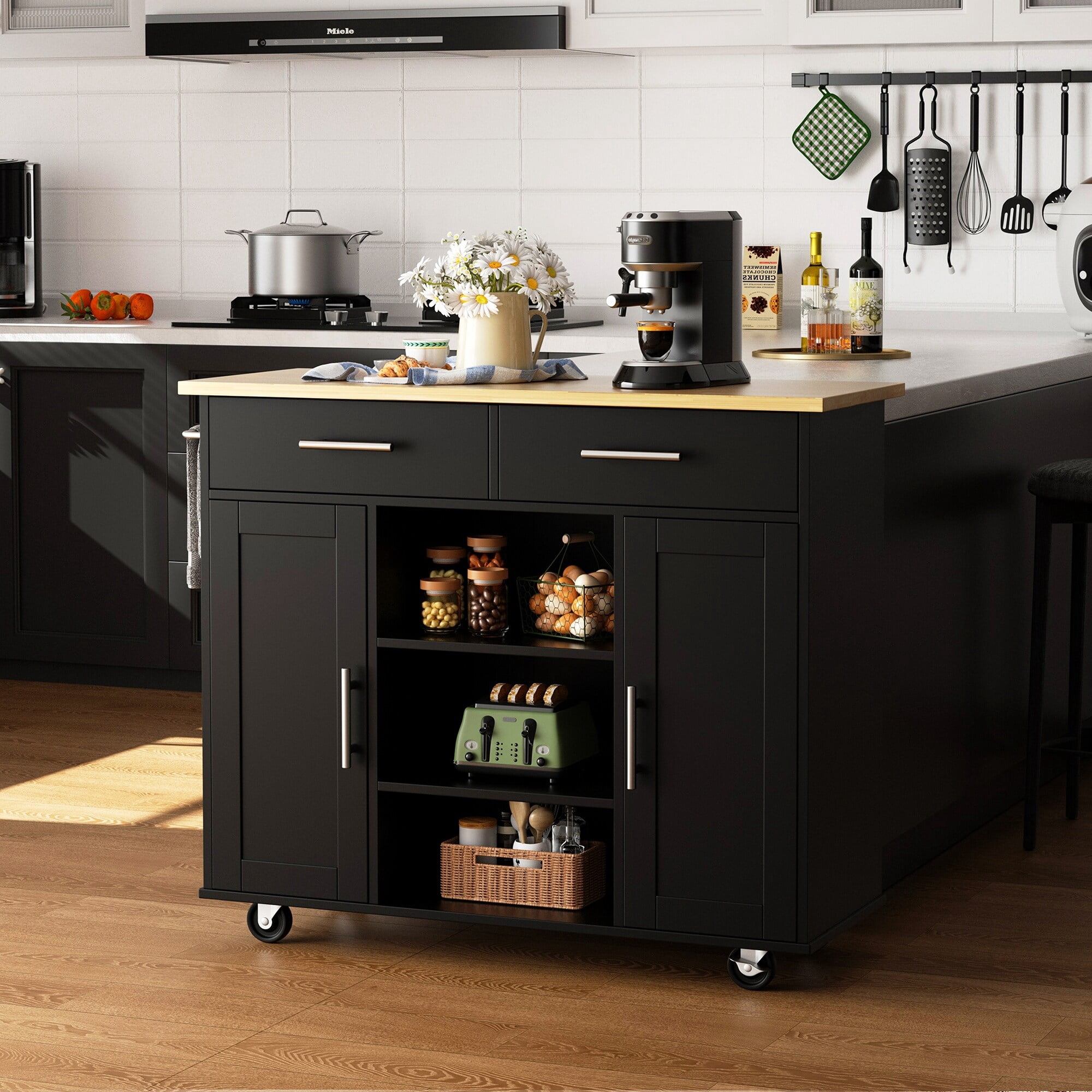 Futzca  Storage Kitchen Island Cart on Wheels with Large Worktop,Storage Cabinet and Drawers - N/A Black/2 Drawers+2 Cabinets+3 Shelves