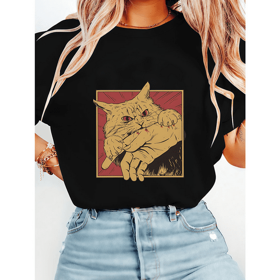 Fuuny Cat Bite Print Tshirts Vintage Japanese Anime Graphic Tees Short Sleeve Casual Tops Cat Lover Cotton Shirts for Daily Outfits Black,3XL