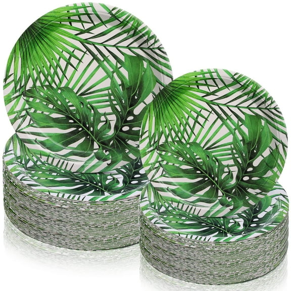 Fuutreo 100 Pcs Tropical Paper Party AFN1Plates Green Leaves Paper Plates Dessert 7 Inch and 9 Inch Disposable Plates Round Leaf Disposable Tableware for Luau Safari Hawaiian Jungle Theme Party