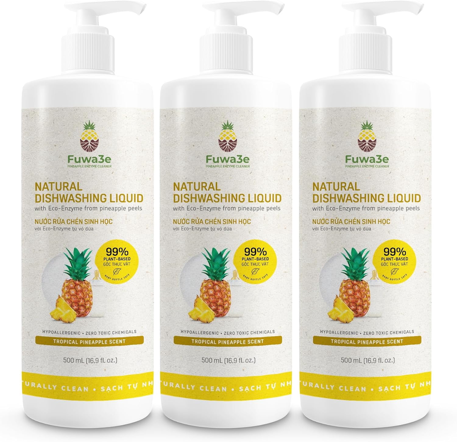 Fuwa3e Pineapple Enzyme Natural Dish Soap Tropical Pineapple Scent - 16.9oz 3 Pack - 99% Plant Based Dish Liquid - Hypoallergenic Dish Soap from Discarded Pineapple Peels