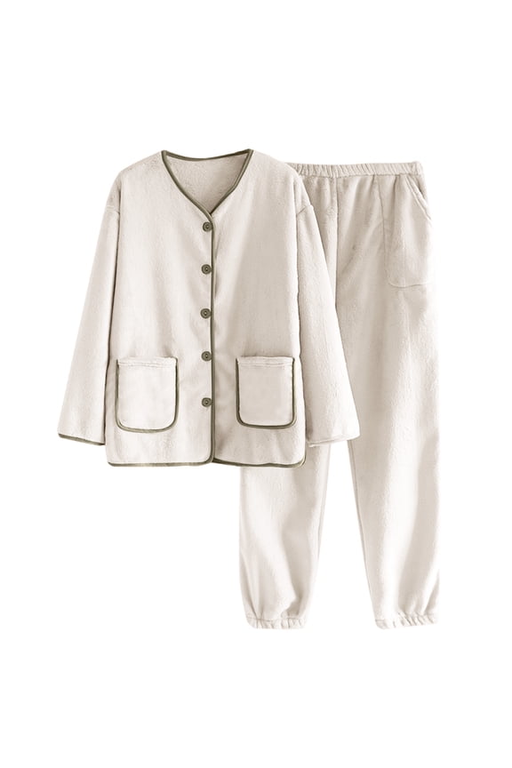 2 Piece Sets for Women Fleece Pajamas Set Long-Sleeve Top Flannel V-Neck Warm Home Suit Set Fall Travel Outfits