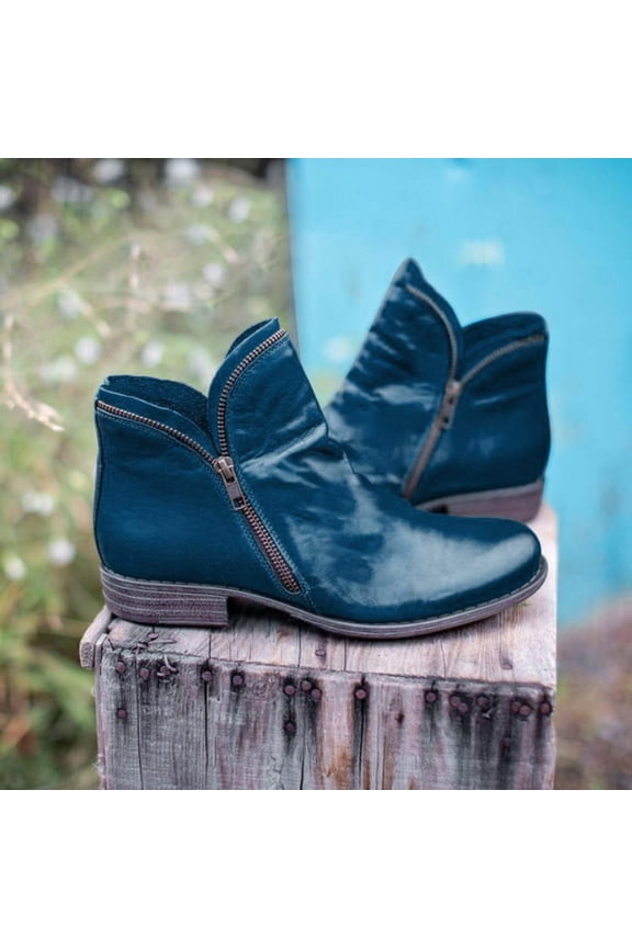 Ankle Boots for Women Trendy Fall Short Boot with Chunky Low Heel Fashion Short Leather Booties Almond Toe Comfortable Dressy Shoes with Side Zipper