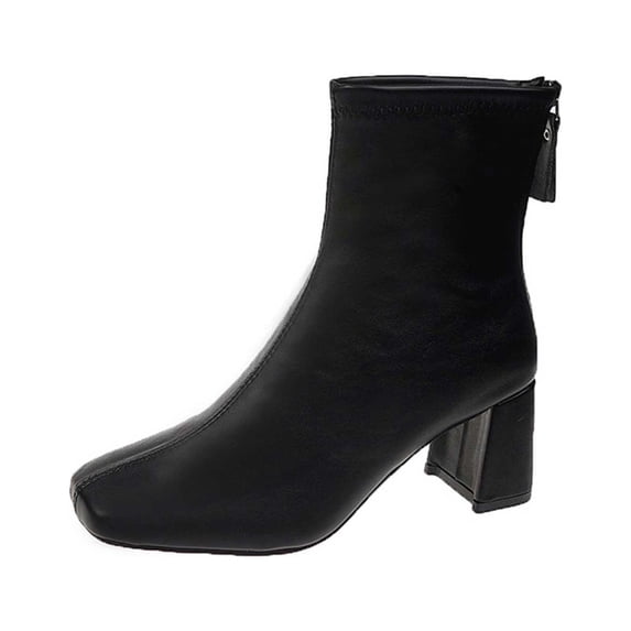 Fuwddey Ankle Boots for Women Chunky Block Heel Square Toe Back Zipper Booties Winter Dress Shoes