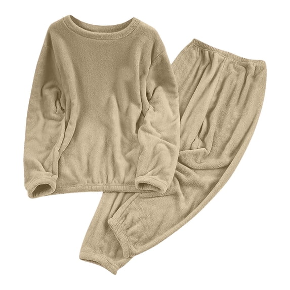 Fuwddey Fleece 2 Piece Lounge Sets for Women Two Piece Outfits Solid Color Long Sleeved Long Pants Casual Crew Neck Long Sleeved Suit with Pockets Travel Clothes Tracksuit Workout Sets