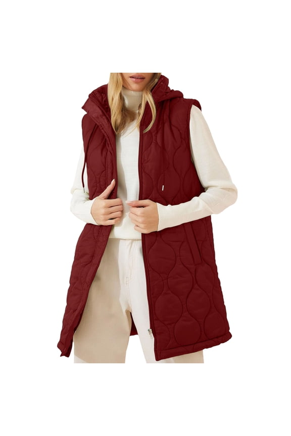 Long Puffer Vest for Women Sleeveless Hooded Puffer Quilted Jacket Lightweight Winter Warm Zip Up Coat Outerwear