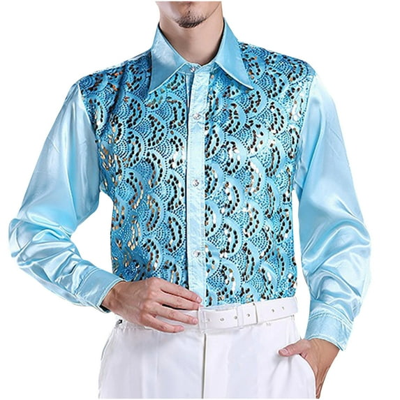 Fuwddey Loose Fit Shirt for Men Men'S Solid Color Sequin Dress Long Sleeved Lapel Shirt