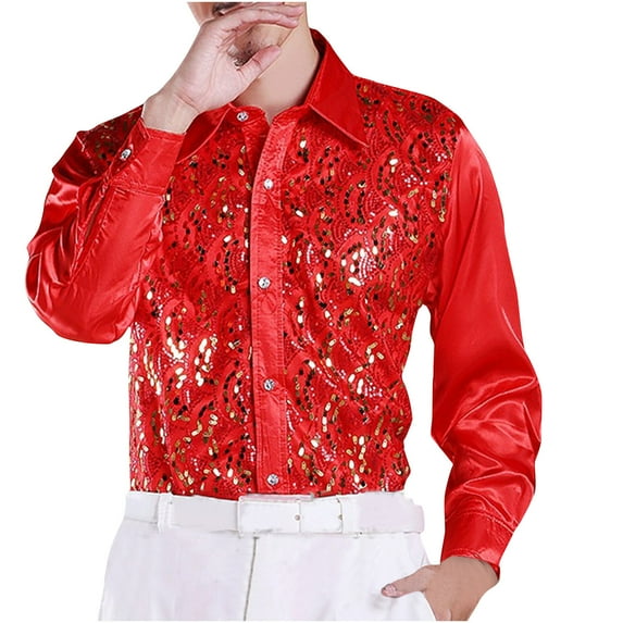 Fuwddey Loose Fit Shirt for Men Men'S Solid Color Sequin Dress Long Sleeved Lapel Shirt