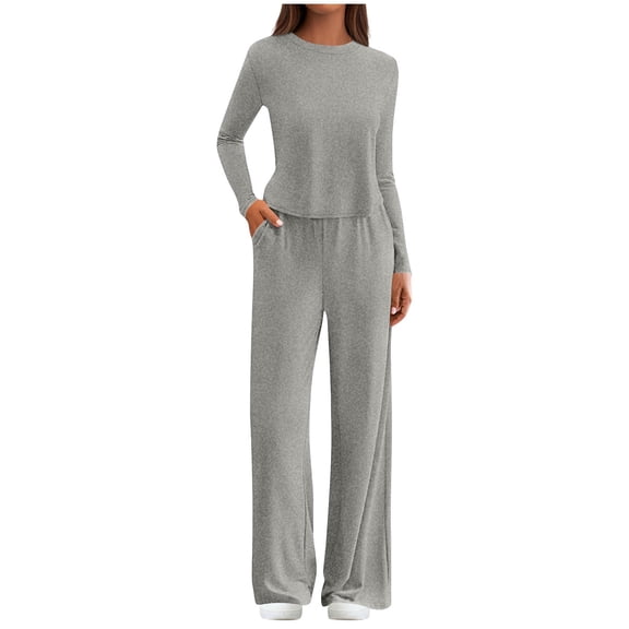Fuwddey Lounge Sets for Women 2025 Round-Neck 2 Piece Outfits Airport Wide Leg Pants Matching Set Sweatsuits Tracksuit Set