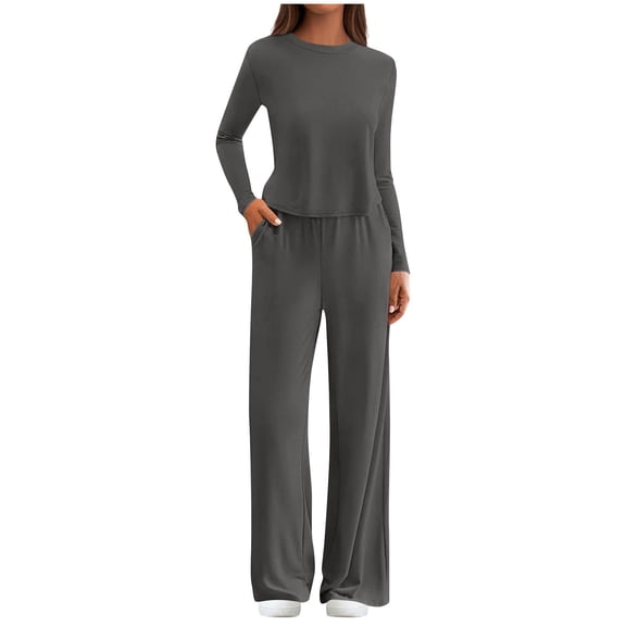 Fuwddey Lounge Sets for Women 2025 Round-Neck 2 Piece Outfits Airport Wide Leg Pants Matching Set Sweatsuits Tracksuit Set