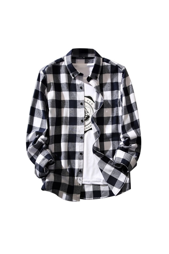 Plaid Print Shirts for Men Collared Shirts Men Casual Fashion Plaid Turn-Down Collar Button Long Sleeve Shirt Blouse