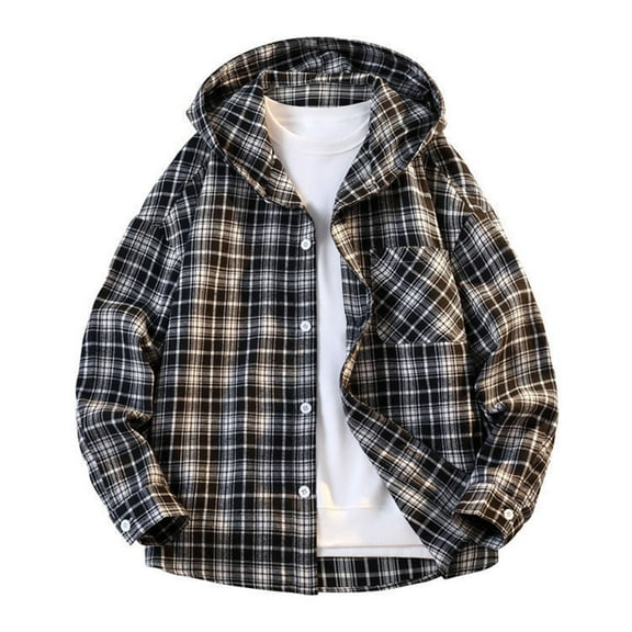 Fuwddey Pullover Top for Men Fall Winter Clothing Men Casual Patchwork Fashion Plaid Hooded Button Long Sleeve Shirt Blouse
