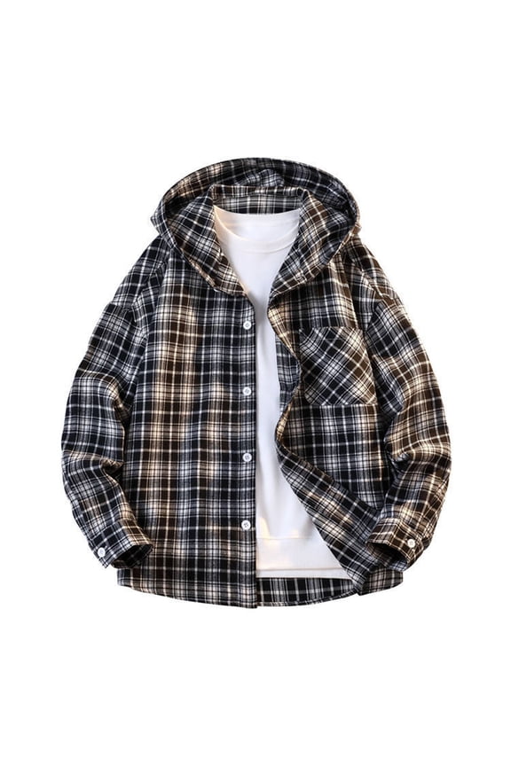 Pullover Top for Men Fall Winter Clothing Men Casual Patchwork Fashion Plaid Hooded Button Long Sleeve Shirt Blouse