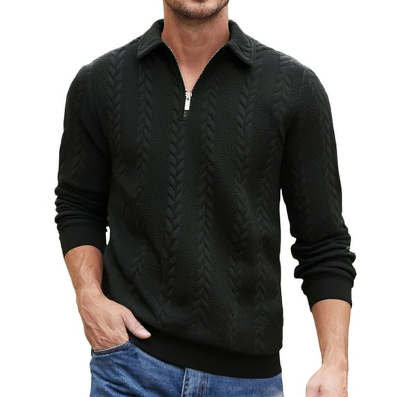 Fuwddey Pullover Top for Men Fall Zip Up Blouses Shirts Men'S Casual Stylish Striped Long-Sleeved Collared Button-Down Zipper Blouse/T-Shirt