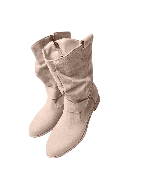 Slouch Ankle Boots for Women Suede Cowboy Pointed Classic Half Boot with Zip Wide Calf Pleated Boots Women'S Low-Heeled Mid Calf Boots