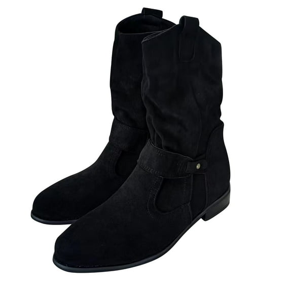 Fuwddey Slouch Ankle Boots for Women Suede Cowboy Pointed Classic Half Boot with Zip Wide Calf Pleated Boots Women'S Low-Heeled Mid Calf Boots