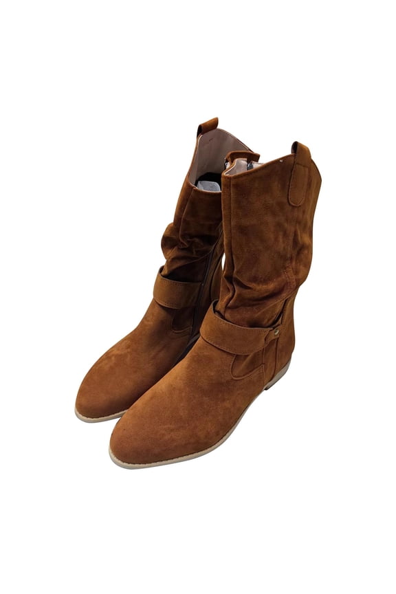 Slouch Ankle Boots for Women Suede Cowboy Pointed Classic Half Boot with Zip Wide Calf Pleated Boots Women'S Low-Heeled Mid Calf Boots