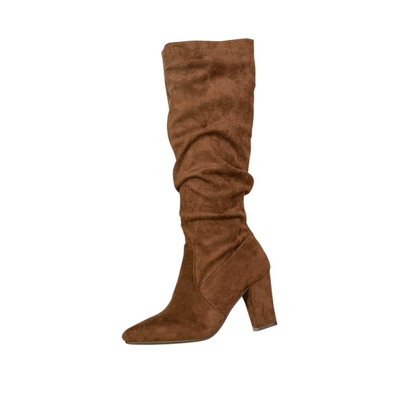Fuwddey Slouch Long Boots for Women Chunky Almond Toe Pointed Classic Half Boot with Zip Wide Calf Pleated Boots Women'S High-Heels Mid Calf Boots