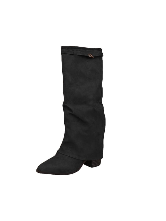 Slouch Long Boots for Women Chunky Almond Toe Pointed Classic Half Boot with Zip Wide Calf Pleated Boots Women'S Middle Knee High Boots