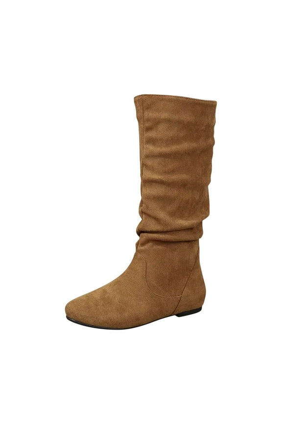 Slouch Mid-Calf Boots for Women Almond Toe Pointed Classic Half Boot with Zip Wide Calf Pleated Boots Women'S Flat Mid-Calf Boots