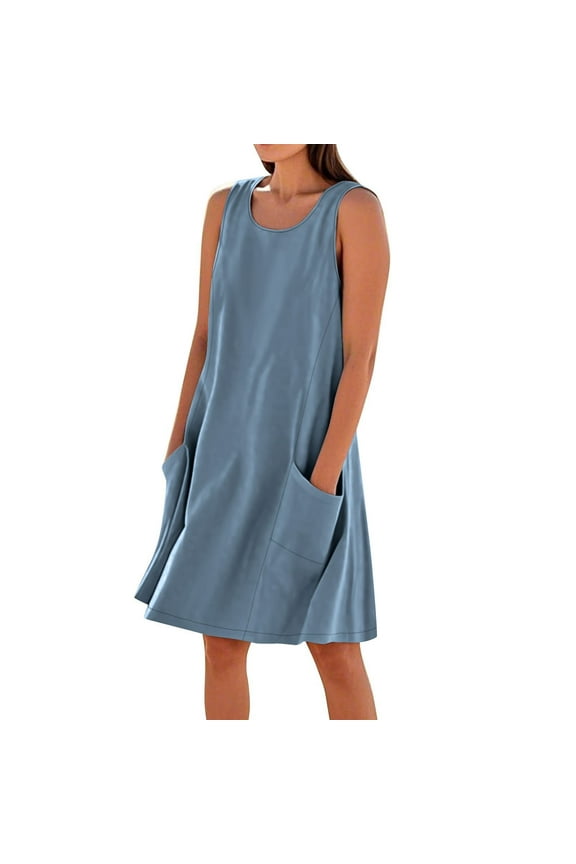Summer Dresses for Women Casual Sleeveless Tank Sundresses Knee-High Crew Neck Linen Loose Fitting Dress with Pockets Fashion Beach Vacation Clothes