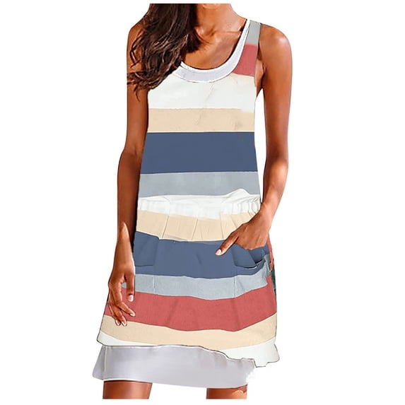 Fsgntruao Summer Dresses for Women Casual Sleeveless Sundresses Round-Neck Knee-High Ladies Mini Dress Beach Beach Vacation Tank Dresses with Pocket