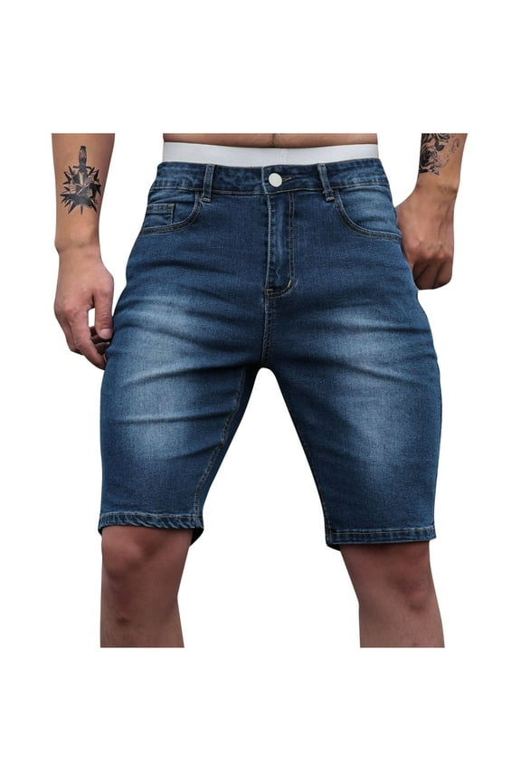 Summer Short for Men Zipper Elastic Slim Casual Denim Shorts Play Wrap Ripped Men'S Mid-Length Pants
