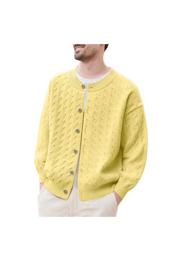 Sweater for Men Fall Soft Classic Pullover Top Man Solid-Color Casual Elastic Knitwear Button-Up Long Sleeve Coarse-Needle Cardigan Round-Neck Sweater