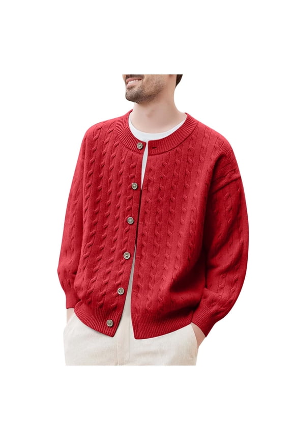 Sweater for Men Fall Soft Classic Pullover Top Man Solid-Color Casual Elastic Knitwear Button-Up Long Sleeve Coarse-Needle Cardigan Round-Neck Sweater