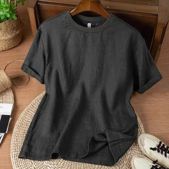 Fsgntruao T-Shirts for Men Solid Color Short Sleeve Crewneck Cotton Linen Breathable Casual Basic Tee Summer Everyday Wear