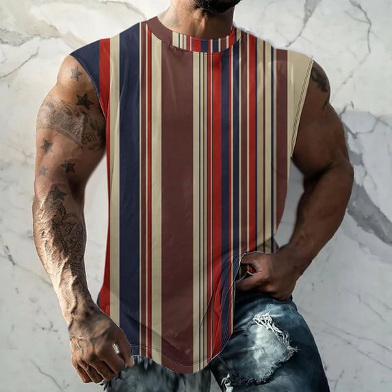 Fsgntruao Tank Top For Men Striped Sleeveless Muscle Shirts Breathable Athletic Summer Gym Workout Vest S-5Xl